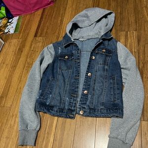 Girls jean jacket with sweatshirt sleeves/hood